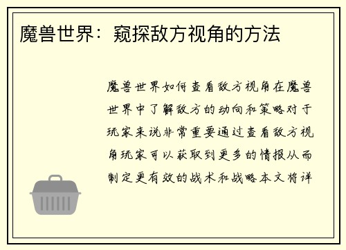 魔兽世界：窥探敌方视角的方法