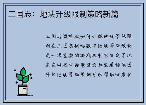 三国志：地块升级限制策略新篇